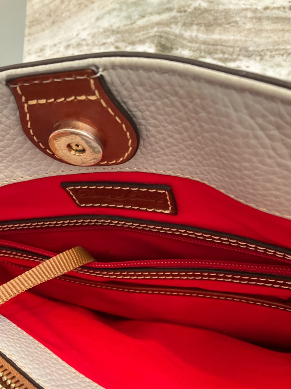 Dooney & Bourke White Pebble Leather Tote with Brown Trim and Gold Hardware - Picture 3 of 3
